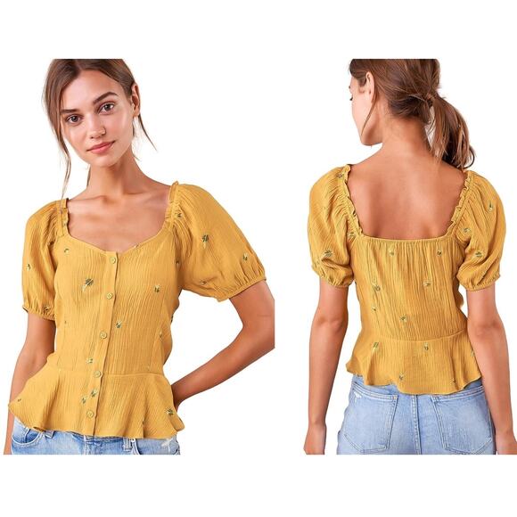 Sugar Lips Tops - Sugar Lips Yellow Puff Sleeve Peplum Blouse Medium Embroidered Cottagecore girly